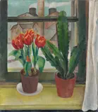 Ernst Weiers, Stillleben (Tulpen und Kaktus), 1932, Oil on canvas