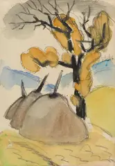 Gabriele Münter, Heuhocken, Circa 1923, Watercolour and black chalk on laid paper