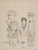 Reisen bildet by George Grosz, Circa 1927, Pen and ink drawing on chamois-coloured paper with watermark "B CRAYON ANC-NE MANUF-RE CANSON & MONTGOLFIER VIDALON LES , sold Jun 2022
