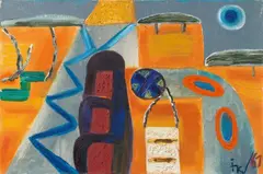 Ida Kerkovius, Abstrakte Landschaft auf Orange und Grau, 1961, Oil on canvas