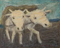 Les Boeufs by Clifford Holmead Phillips, 1974, Oil on canvas, mounted by artist on wooden panel and with box-type framing, sold Jun 2022