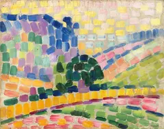 Jean Metzinger, Paysage à l'arbre rond, Around 1906, Oil on card on panel, (inlaid)