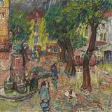 Mela Muter, Dorfplatz im Regen. Verso: Biblische Szene (Flucht nach Ägypten), Oil on canvas