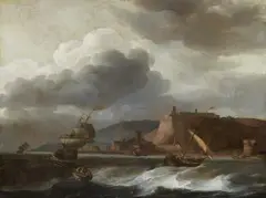 Jan Theunisz Blanckerhoff, Ships in Rough Seas off the Coast, Oil on canvas (relined)