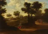 Landscape with a Horseman and a Mother and Child by called Dietricy Christian Wilhelm Ernst Dietrich, Oil on panel, offered May 2022