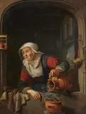 Old Woman watering Flowers at a Window by circle of or after Gerrit Dou, Oil on panel (parquetted), offered May 2022