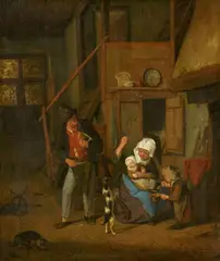 Cornelis Dusart, Interior Scene with a Peasant Family and Dog, Oil on canvas (relined)