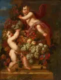 Flemish School, Two Still Lifes with Architectural Elements, Putti and Fruits, Oil on canvas (edges relined). Each