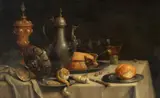 Still Life with a Fruit Pastry, Pewter Jug, Silver Tazza, Gilded Chalice, Berkemeyer, Lemon, Bread and Hazelnuts by in the manner of Willem Claesz. Heda, Oil on panel, sold May 2022