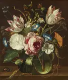Still Life with Flowers in a Glass Vase on a Stone Ledge by in the manner of Abraham Mignon, Oil on canvas (relined), offered May 2022