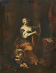 copy after Caspar Netscher, Madame de Montespan, playing the Harp, Oil on canvas (relined)