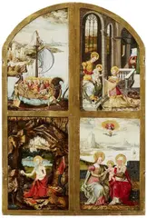 attributed to Georg Pencz, Two Wings of a Triptych with Scenes from the Lives of Saints Ursula and Catherine of Alexandria, with Depictions of Saint Jerome in the Desert and Saint Anne, Oil, tempera and gilding on panel