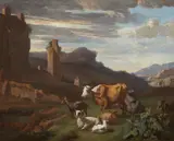 Willem Romeijn, Italianate Landscape with a Herd of Cattle by a City Wall, Oil on canvas (relined)