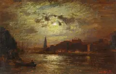 Louis Douzette, Harbour by Moonlight, Oil on card