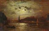Louis Douzette, Harbour by Moonlight, Oil on card