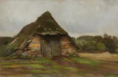 Eugen Dücker, Barn in a Meadow, Oil on hardboard