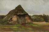 Eugen Dücker, Barn in a Meadow, Oil on hardboard