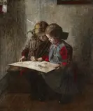 Walter Firle, Two Girls Reading a Book, Oil on canvas
