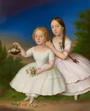 Johann Andreas Gebhardt, Two Girls with Flowers, Oil on canvas (relined)