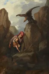 Johann Grund, Mother and Child threatened by an Eagle in the Mountains, Oil on canvas