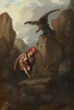 Johann Grund, Mother and Child threatened by an Eagle in the Mountains, Oil on canvas