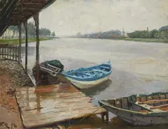 Friedrich Kallmorgen, Jetty ina Dutch Canal, Oil on canvas, mounted on cardboard