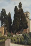 Edmund Kanoldt, Cypresses in Front of the Church in Brissago, Oil on hardboard