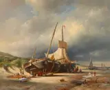 Johannes Herman Barend Koekkoek, Boats and Figures on a Beach, Oil on panel