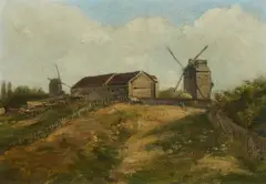 Émile Lambinet, Landscape with a Farm and Windmills, Oil on panel