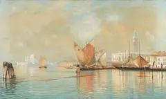 Ascan Lutteroth, View of the Bacino di San Marco in Venice with the Doge´s Palace to the Right and Santa Maria della Salute to the Left, Oil on card