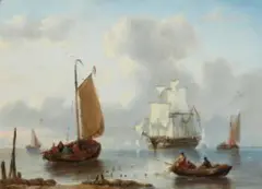Ships in Calm Sea by George Willem Opdenhoff, Oil on panel, offered May 2022