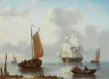 George Willem Opdenhoff, Ships in Calm Sea, Oil on panel
