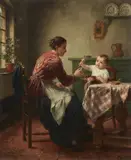 Charles Petit, Interior Scene with a Mother and Child (The Little Musician), Oil on panel