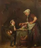 Felix Schlesinger, Interior Scene with a Merchant and a Young Customer, Oil on panel (parquetted)