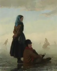 Henri Van Seben, Ice Skaters, Oil on panel