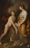 Theseus finding his Father's Sword in the prescence of his Mother Aethra
Aeneas receiving Weapons from his Mother Venus by Rudolph Friedrich Carl Suhrlandt, Oil on canvas (relined). Each, offered May 2022