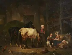 Wouter Verschuur jr., Stable Interior with Figures and two Horses, Oil on panel