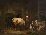 Wouter Verschuur jr., Stable Interior with Figures and two Horses, Oil on panel