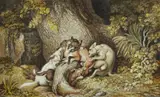 Dogs fighting a Fox by a Tree by Johann Heinrich Wilhelm Tischbein, Black chalk, graphite pencil, pen in brown, watercolour hightened with white, sold May 2022