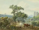 Johann Christoph Erhard, Peasants and Cattle in a Mountain Landscape, Watercolour