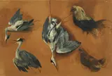 Èduard Treviès, Three Studies of a Heron and Hens, Indian ink and opaque colours on brown paper