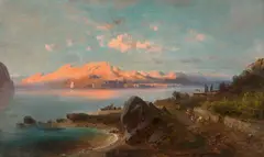 Karl Millner, Southern Landscape with Mountains and Lakes, Oil on canvas, mounted on card