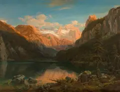 Eduard Wilhelm Pose, Alpine Landscape with a Lake and Glacier (Mount Dachstein and Lake Gosau), Oil on canvas (relined)
