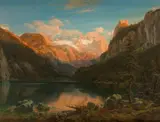 Eduard Wilhelm Pose, Alpine Landscape with a Lake and Glacier (Mount Dachstein and Lake Gosau), Oil on canvas (relined)