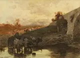Jules Didier, Buffalo Herd by a Lake, Watercolour