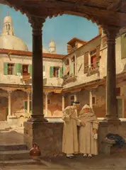 Adolf Seel, The cloister of the Abbey of San Gregorio in Venice with a view of Santa Maria della Salute, Oil on canvas