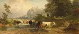 Johann Friedrich Voltz, Cattleherds in a Bavarian Landscape with a View of a Castle, Oil on panel (parquetted)