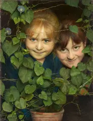 Gaetano Bellei, Two Girls hiding behind Flower Tendrils, Oil on canvas