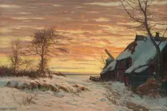 Paul Müller-Kaempff, Farmstead and Mill in Wintery Ahrenshoop, Oil on canvas
