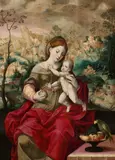The Virgin and Child in a Landscape with the Flight into Egypt in the Distance by attributed to Master of the Prodigal Son, Oil on panel (parquetted), offered May 2022
